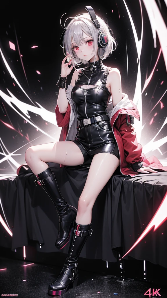 4k anime wallpaper, 4k anime wallpaper, Anime Art Wallpapers 8K, 4K Anime Style, anime art wallpaper 4k, anime art wallpaper 4k, 4k anime wallpaper, Eugeo Art, Detailed digital anime art, ((masterpiece, Highest quality)), (Complex Light), Perfect hands, Perfect Eyes、Perfect legs、Hyper Detail, Bright colors, beautiful girl、cyber punk、Silver short hair, Pause, headphone, Red eyes, Tempting, Half coat on, Off the shoulder、Knee-high、boots, colorful, neon、See-through、My clothes are wet、Japanese anime style.