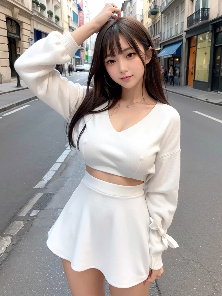 ((meilleure qualité)), (Ultra-détaillé), réelistic, réel, angle dynamique, 1 fille pour 1 photo, photo de tout le corps, vue de face, une jeune jolie fille japonaise, avec un grand sourire, cheveux longs, dans les rues de la ville, haut blanc à épaules dénudées, jupe ultra mini en cuir, Poses qui mettent l'accent sur le décolleté, silhouette glamour ,gros seins, visage hyper mignon, lèvres brillantes, Des doubles paupières parfaites pour les deux yeux, maquillage naturel, shiny smooth light brown hair of cheveux longs, frange asymétrique, Haute résolution, détail élevé, incroyablement détaillé, coiffure détaillée, visage détaillé, peau brillante, éclairage cinématographique, rendu d'octane, hyper réelistic, Des membres parfaits, anatomie parfaite