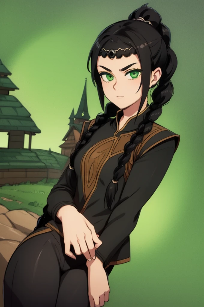 (masterpiece, best quality), 1girl, shadowheart, black hair, braided ponytail, green eyes, circlet, black pants, closeup, sketch, looking at viewer, ((green eyes)),(fantasy village on background),
