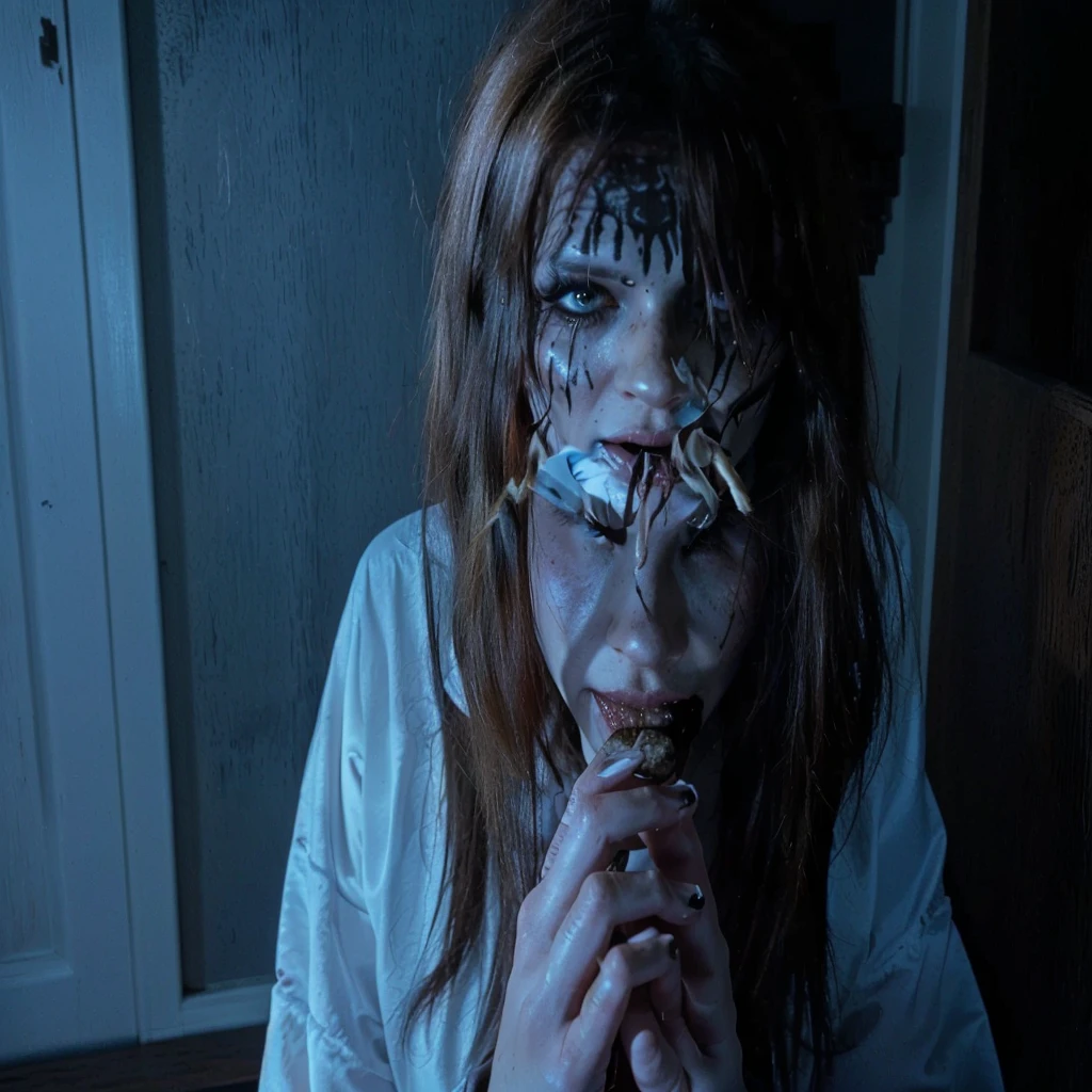 there is a woman with makeup on her face eating something, exorcist, from horror movies, film still from horror movie, film still from a horror movie, 8 0's horror movie film still, horror movie scene, the conjuring style, still from horror movie, 1 9 8 2 horror film, the conjuring, the evil dead, horror film, evil dead face