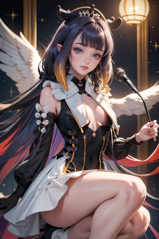 Ninomae Ina'nis, VTuber, gold tiara on her bangs, white roses, ornament hair, white roses on her hair, angel, perfectly body, perfectly hands, multicolored hair, violet hair, orange hair, long hair, gold lantern, wave hair, flowing hair, black dress, more details on her clothes, black dress with gold details, night, 1 girl, Looking at the audience, on the stage holding a microphone, chinese lantern, chinese style, flowing hair, Beautiful Eyes, Plump and glossy lips, Idol, dress with too many frills, black dress, white laces, black Short skirt, Drape clothes, violet gem, Lace trim, bright stage, luxury gold details, gold jewelry, more details, best quality, Big sparkling eyes, blushing, Striped Lace Stockings, black Lolita skirt, sparkle, solo, centered girl, cowboy shot, perfectly body, perfectly hands, two arms, two legs, two hands, five fingers, perfect anatomy, glowing hair, white roses, 1girl, dress, solo, floating hair, on the stage, sparkles, more details on her clothes, dress with transparency, golden details on her dress, night, holding a microphone, ((4k, masterpiece, top-quality)), 8k, best quality, high resolution, UHD, (illustration:0.8), super cute girl, delicate and beautiful face, mature girl, super cute hairstyle, (beautiful detailed eyes:1.6), extremely detailed face, perfect lighting, extremely detailed CG, (perfect hands, perfect anatomy), Best quality