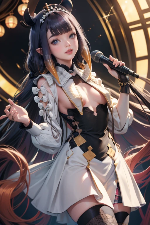 Ninomae Ina'nis, VTuber, gold tiara on her bangs, white roses, ornament hair, white roses on her hair, angel, perfectly body, perfectly hands, multicolored hair, violet hair, orange hair, long hair, gold lantern, wave hair, flowing hair, black dress, more details on her clothes, black dress with gold details, night, 1 girl, Looking at the audience, on the stage holding a microphone, chinese lantern, chinese style, flowing hair, Beautiful Eyes, Plump and glossy lips, Idol, dress with too many frills, black dress, white laces, black Short skirt, Drape clothes, violet gem, Lace trim, bright stage, luxury gold details, gold jewelry, more details, best quality, Big sparkling eyes, blushing, Striped Lace Stockings, black ta skirt, sparkle, solo, centered girl, cowboy shot, perfectly body, perfectly hands, two arms, two legs, two hands, five fingers, perfect anatomy, glowing hair, white roses, 1girl, dress, solo, floating hair, on the stage, sparkles, more details on her clothes, dress with transparency, golden details on her dress, night, holding a microphone, ((4k, masterpiece, top-quality)), 8k, best quality, high resolution, UHD, (illustration:0.8), super cute girl, delicate and beautiful face, mature girl, super cute hairstyle, (beautiful detailed eyes:1.6), extremely detailed face, perfect lighting, extremely detailed CG, (perfect hands, perfect anatomy), Best quality