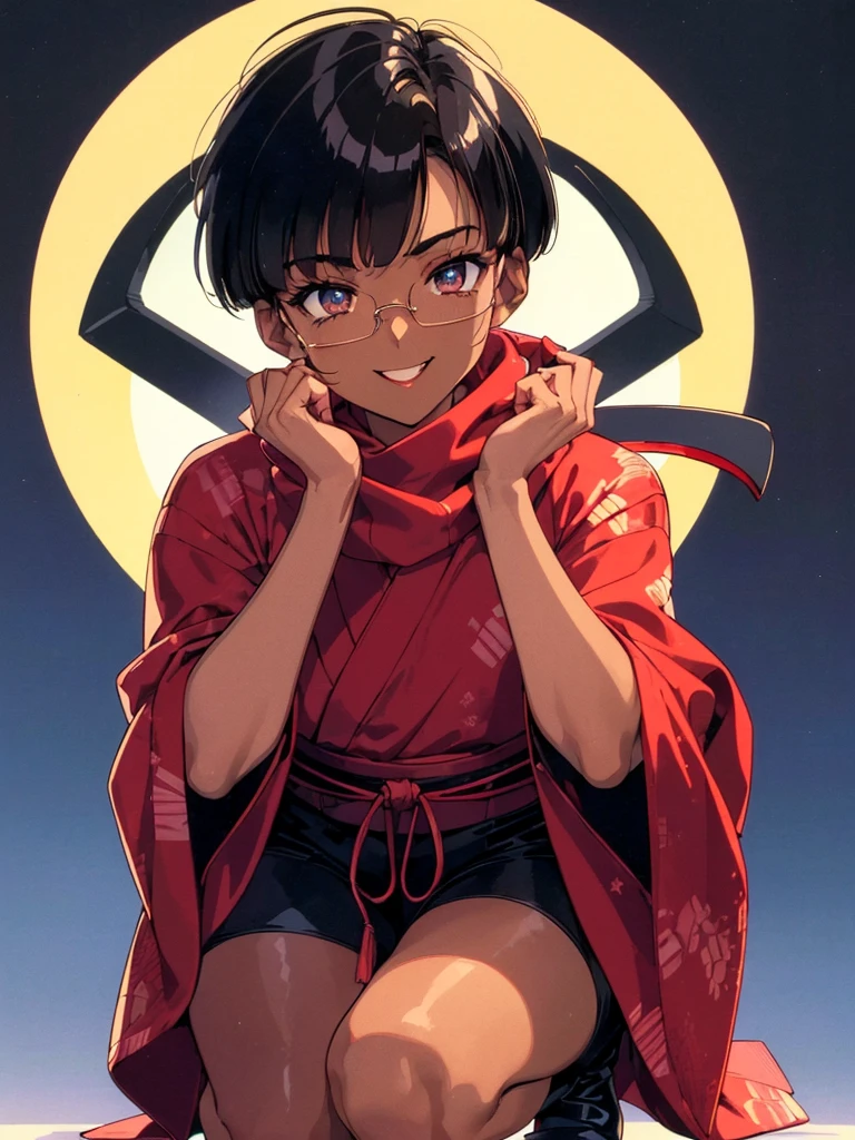 (flat chest:), (masterpiece:1.2), highest quality, High resolution, unity 8k wallpaper, (fine and beautiful eyes:1.6), highly detailed face, perfect lighting, Detailed CG, (perfect hands, perfect anatomy), (1 boy solo:1.4), 20 years old, black hair, extremely beautiful detailfeminine face and eyes, (evil smile:1.4), detailed eyes, best quality,( dark skin:1.8), (turtleneck shirt under yukata:1.2), (bike shorts:1.2), extremely detailed, very precise detailed, (glasses:1.3), blunt bangs, open mouth, (very short pixie cut:1.2), boots,fingerless gloves, smile, half closed eyes, ,(on kawara roof),night sky, ,long sidelocks,(long red Scarf),(yukata),(squatting), ears,(acrobat pose:1.3),(squat:1.3),leaning forward,(one knee dwon:1.5),(Put one foot in front:1.3),(stylish pose:1.4),(Raise only index finger:1.1),(Joining hands:1.5),(retro artstyle:1.5), (1990s \(style\):1.5),