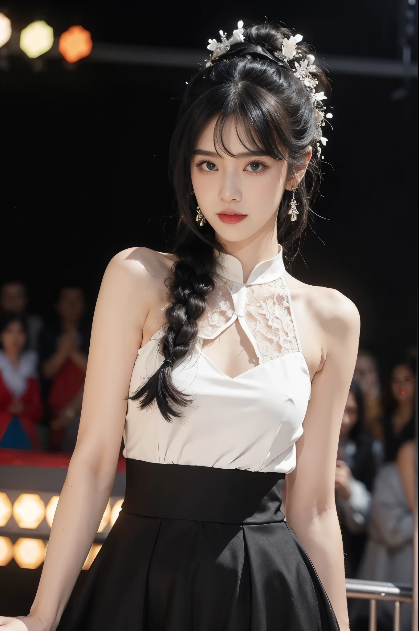 1girl,bangs,bare arms,collar,lace,see through,maxi white cheongsam,detailed background,detailed eyes,(dark black skin:1.5),earrings,upper body,jewelry,slim,flat chest,ponytail,headdress,looking at viewer,makeup,night scene,red lips,signature,laughing,solo,standing,slender legs,pantyhose,high heels,On the T-stage,catwalk,fashion show,Surrounded by crowded crowds on both sides of the stage,neon lights,from front