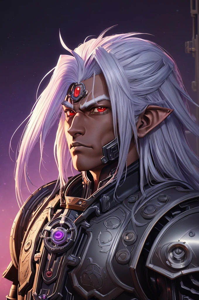 ((best quality)), ((masterpiece)), (detailed), ((boy)), ((mechanical armor)), (steampunk), (serious), dark skinned, human, upper body, portrait, red eyes, long white hair, Xemnas from Kingdom Hearts, half-drow, pointy ears, serious face, dramatic lighting, purple hue, art by Kinema Citrus and Tetsuya Nomura