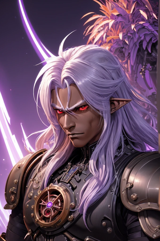 ((best quality)), ((masterpiece)), (detailed), ((boy)), ((mechanical armor)), (steampunk), (serious), dark skinned, human, upper body, portrait, red eyes, long white hair, Xemnas from Kingdom Hearts, half-drow, pointy ears, serious face, dramatic lighting, purple hue, art by Kinema Citrus and Tetsuya Nomura