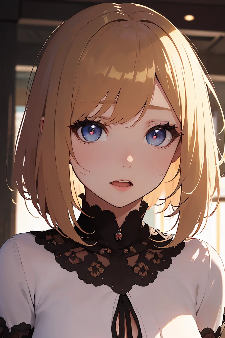 masterpiece, absurdres, best quality, ultra detailed, high Resolution, detailed illustration, bright colour, (extremely beautiful detailed face and eyes, Delicate beautiful face, 1 girl, cute face:1.3), (magenta eyes:1.1), sparkling eyes, big eyes, medium breasts, (perky breasts:1.1), (pointy breasts:1.1), medium hips, glamorous body, white skin, BREAK, long bob cut, (blonde hair:0.8), messy hair, detailed hair, shiny hair, BREAK (American Sleeve, down blouse:1.3), perfect lighting, (embarrassed:1.3), (???????, vulgarity:1.5), (trembling:0.8), Forest, full body,