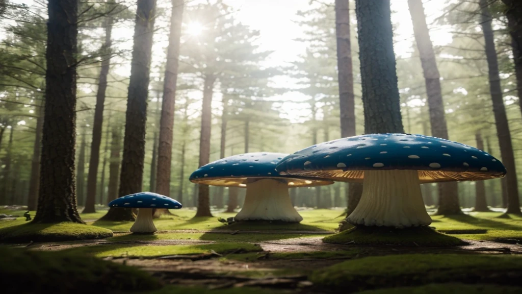 a mystical forest of giant mushrooms, photorealistic,realistic:1.2) physically based rendering, Long shot, low angle photography from behind, visual depth, breathtaking perspectives,(highest quality:1.3), long shot cinematic, Work of art, (sharp focus:1.5), (photorealistic:1.3), ((extremely delicate and beautiful)), Focus on mushrooms, Magic light, BLUE light, bright light, Wonderland, Dors on the mushrooms