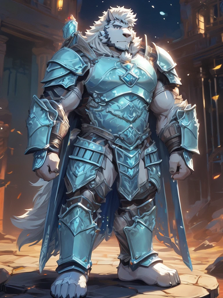 a furry sheep, white fur, cyan long hair, slim fit, fit build, paladin, ((white sheep), ((blue paladin armor)), furry art, full body, mature, tall, daddy, muscular, silky hair,
