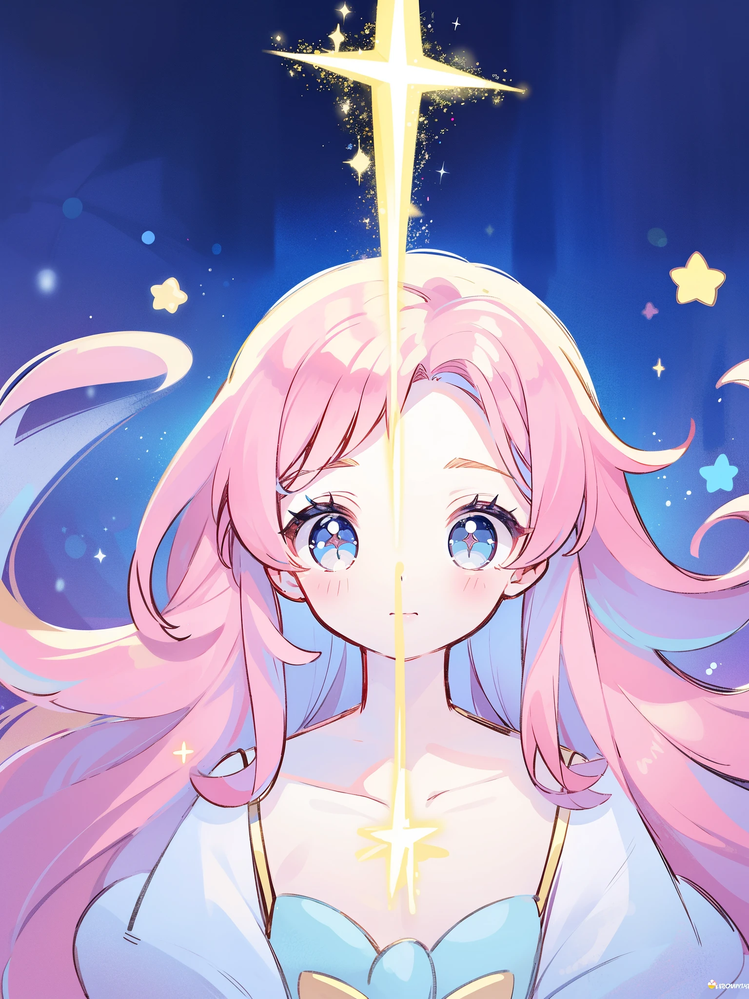 complex background, wishing star background, magical girl wearing an ethereal mystical pink translucent dress that reflects the stars, close up, sparkling detailed eyes, golden ratio face, perfect composition, perfume promo art, mystic, complex drawing, highly detailed, Covergirl brand, promo art, artistic rendition, ethereal, starry night, midjourney style