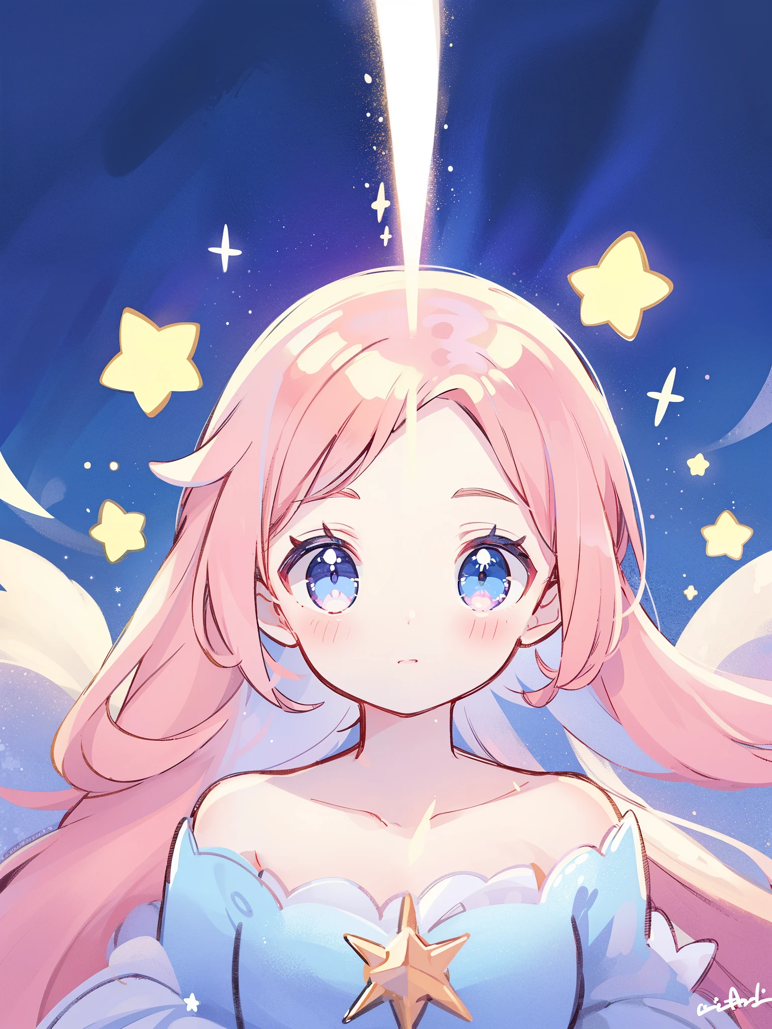 complex background, wishing star background, magical girl wearing an ethereal mystical pink translucent dress that reflects the stars, close up, sparkling detailed eyes, golden ratio face, perfect composition, perfume promo art, mystic, complex drawing, highly detailed, Covergirl brand, promo art, artistic rendition, ethereal, starry night, midjourney style