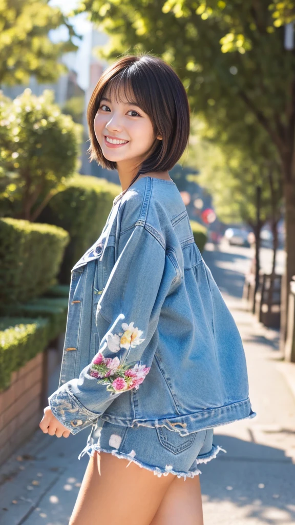 Realistic , photorealistic , masterpiece , best quality , super quality , ((ultra detailed)), extremely detailed , highers , Raw Photo , 16k portrait , curvy , big Smile , full body ,  short hair , ultrahappy , (print) , casual fashion , Side angle , (Walking) , town