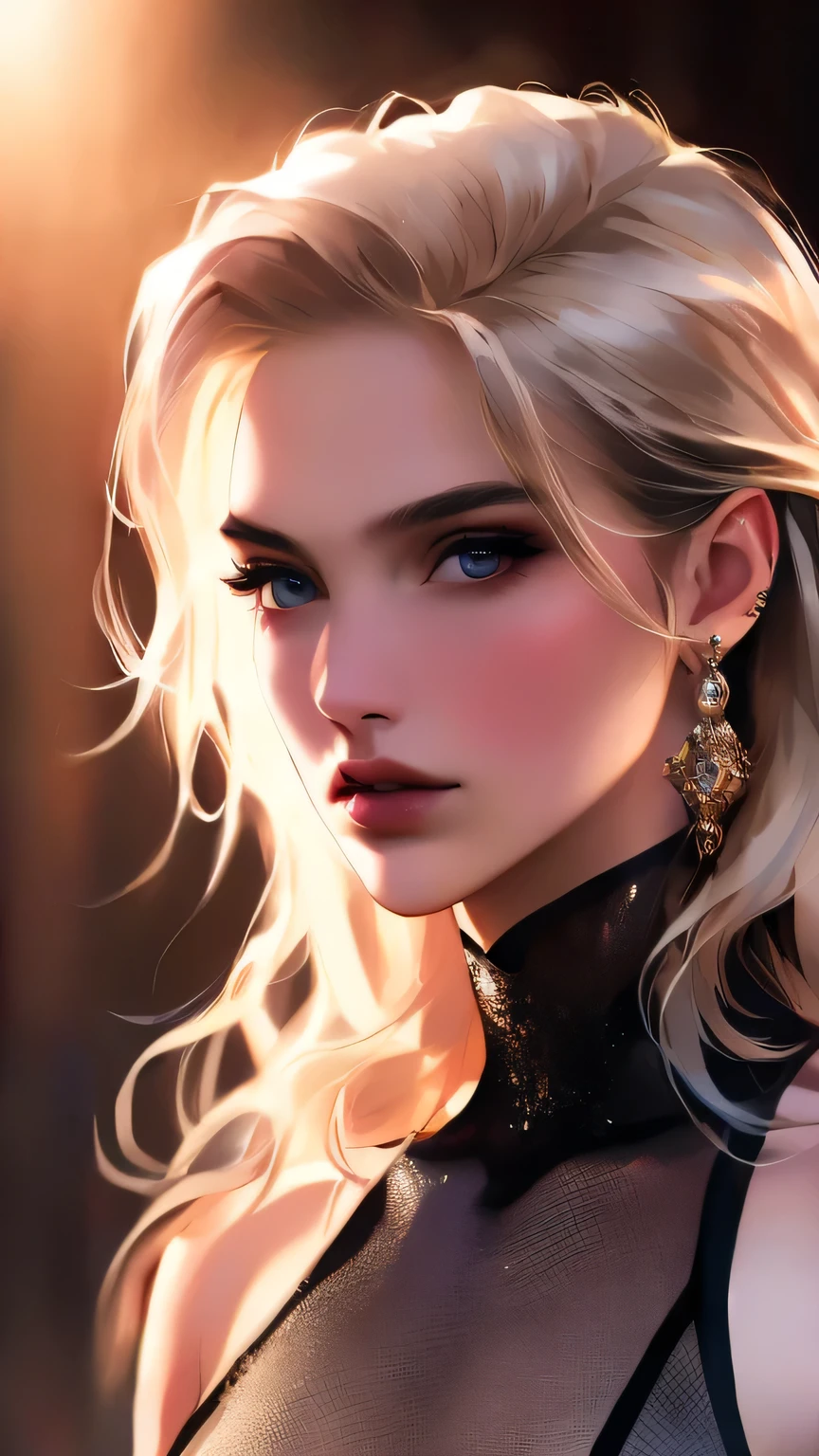 (8K, RAW Photos, 最high quality, masterpiece), 超High resolution, (Realistic, photo-Realistic), 1 Girl, emotionless, alone, Blonde long wavy hair, black eye, Professional Lighting, Detailed lighting, Backlight, Written boundary depth, Natural light, Sharp focus, Professional photography, Beautiful Eyes, Realistic eyes, Detailed Shadows, CG games, Cosplay, (Black leotard with white lines and arm rings), exterior, Crown, masterpiece, 最high quality, high quality, High resolution、((Upper body portrait)))、Click here for the gaze、sexy