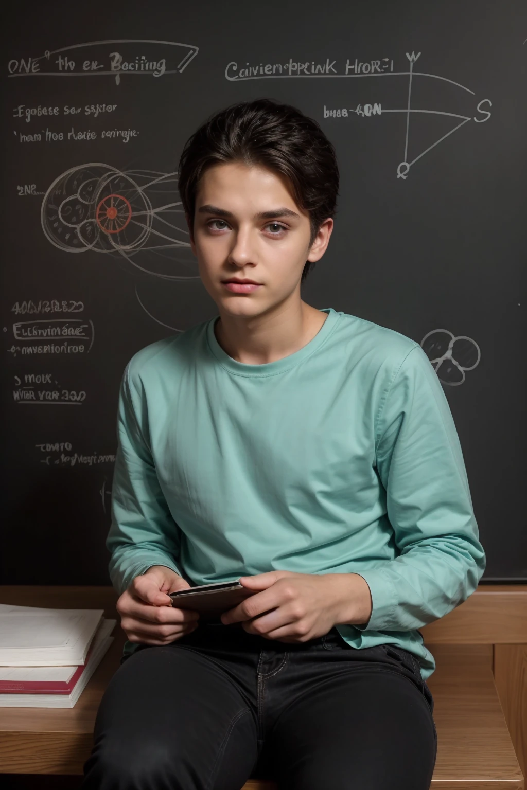 A beautiful young twink, cute male, with black hair and a face with makeup. He is wearing a long-sleeved aquamarine shirt and black jeans. He is in his luxurious scientific office, and behind him is a blackboard with neurons and calculus written on it, and he looks in amazement and shock with his eyes beneath it. Dark circles, and he has a red face with makeup on as he sits in his office studying human medicine.