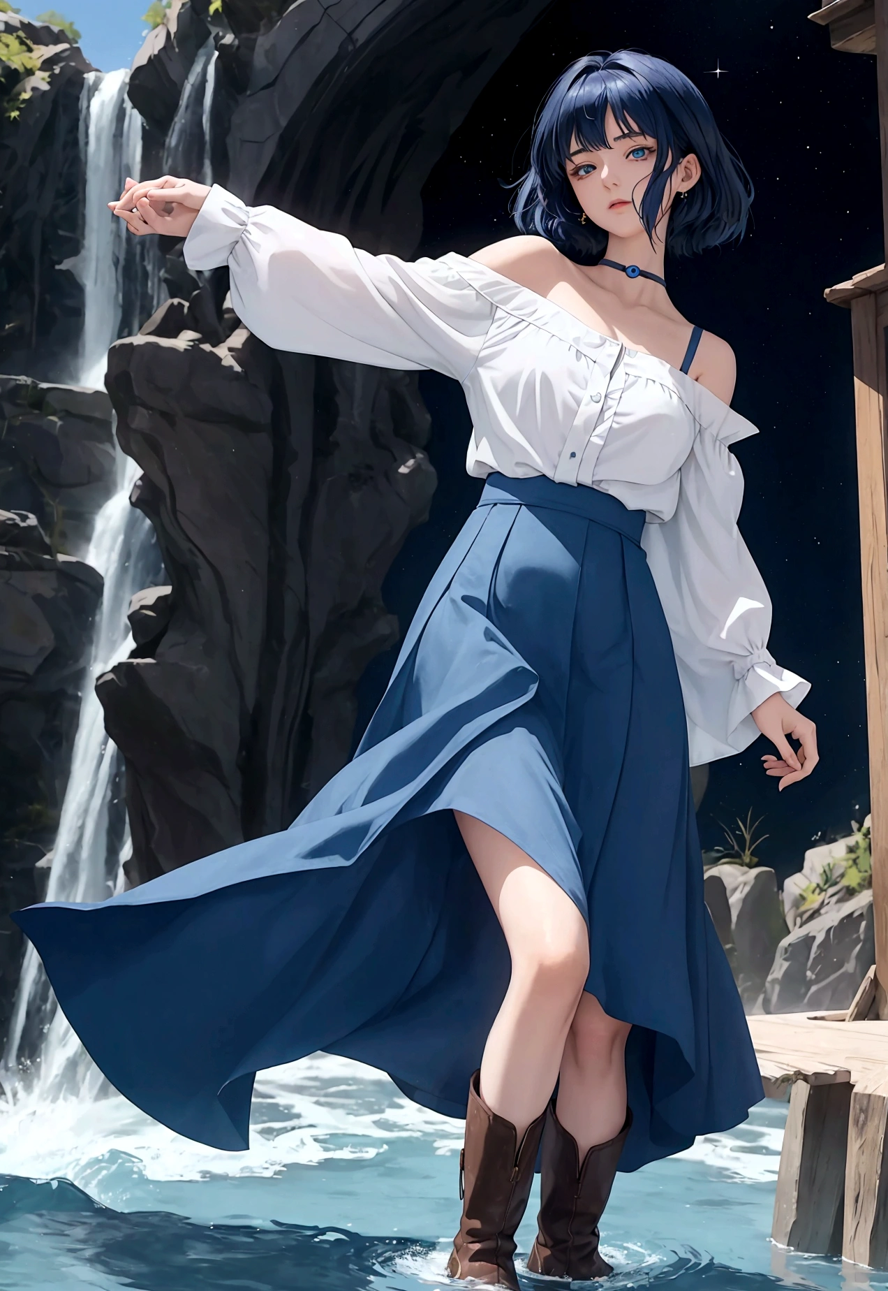 20 years old anime girl, with short dark blue hair to the shoulders, a serious yet tender expression, and bright light blue eyes. She dresses in an antique style, wearing a long dark blue skirt that reaches her knees, and small dark brown boots up to her ankles. Her white blouse is long-sleeved, covering her fingers slightly, and falls off one shoulder, leaving it exposed. She possesses water powers and has a water-themed background.