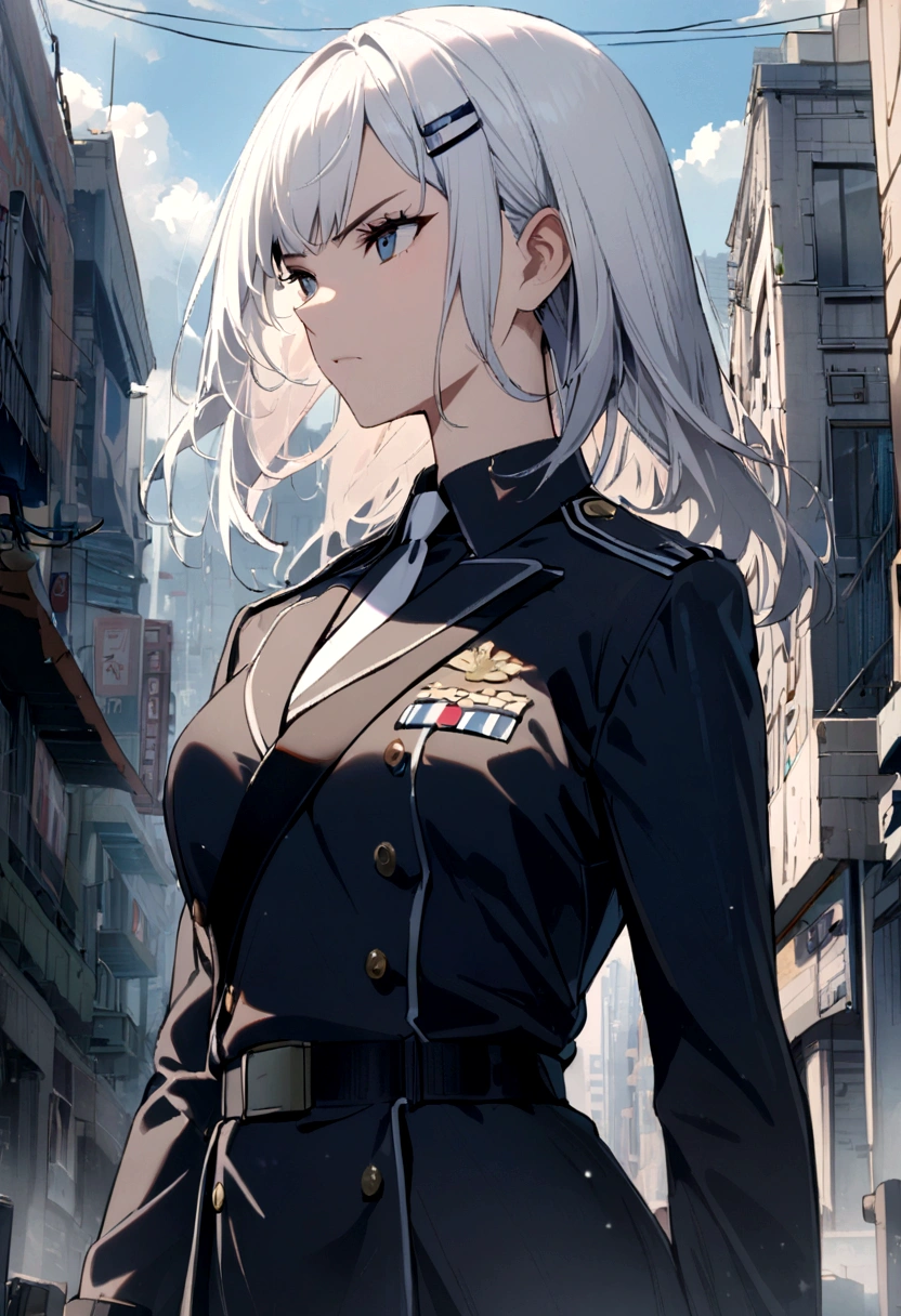 1girl, dark blue military uniform, white hair, hairclip, city background,