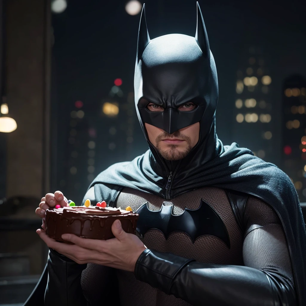 batman, holdong a birthday cake, 4k