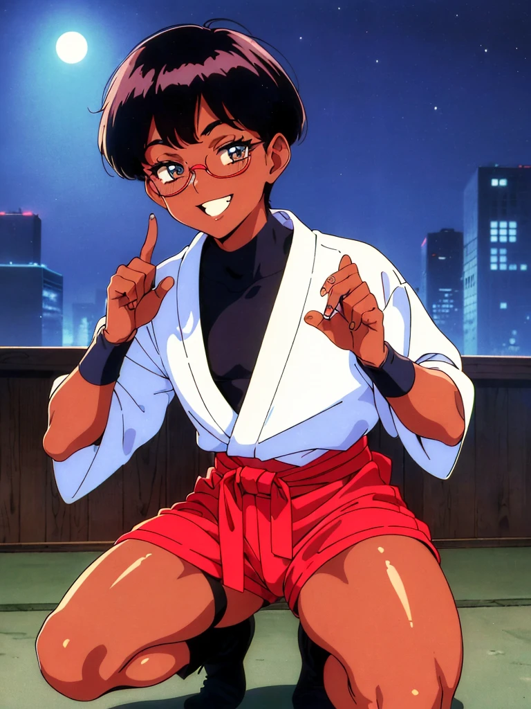 (flat chest:), (masterpiece:1.2), highest quality, High resolution, unity 8k wallpaper, (fine and beautiful eyes:1.6), highly detailed face, perfect lighting, Detailed CG, (perfect hands, perfect anatomy), (1 boy solo:1.4), 20 years old, black hair, extremely beautiful detailfeminine face and eyes, (evil smile:1.4), detailed eyes, best quality,( dark skin:1.8), (turtleneck shirt under yukata:1.2), (bike shorts:1.2), extremely detailed, very precise detailed, (glasses:1.3), blunt bangs, open mouth, (very short pixie cut:1.2), boots,fingerless gloves, smile, half closed eyes, ,(on kawara roof),night sky, ,long sidelocks,(long red Scarf),(yukata),(squatting), ears,(acrobat pose:1.3),(squat:1.3),leaning forward,(one knee dwon:1.5),(Put one foot in front:1.3),(stylish pose:1.4),(Raise only index finger:1.1),(Joining hands:1.5),(retro artstyle:1.5), (1990s \(style\):1.5),