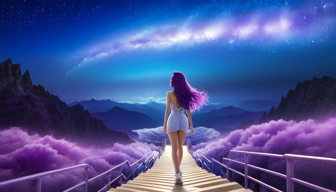 hdr, best image, 8k, image in dark neon blue, and violet, A BEAUTIFUL WOMAN, seen from behind, LONG purple HAIR, Wide ramp of steps, of white ivory and gold, descending, TOWARDS THE INFINITY OF THE HEAVENS, stars of cosmos, universe, clouds. giant mountain