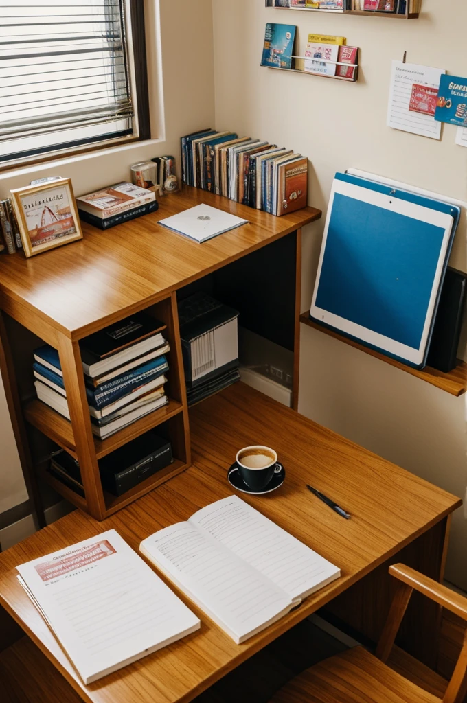 There are reference books, a cup of hot coffee and some stationery on the study table in the room.