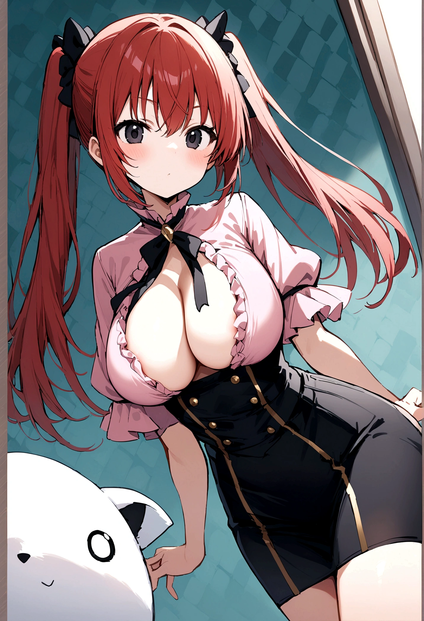My name is Hikaru, I am a white test ,with red hair long , black eyes and I am 138 cm tall and weigh 34 kg. My breasts measure 160 cm, my waist measures 30 cm and my hips measure 60 cm. Dressed in a black skirt along with a pink blouse.