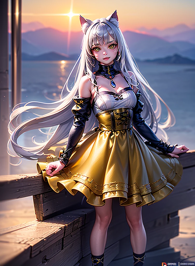 1girl, solo, catgirl, yellow eyes, gray cat ears, gray fluffy cat tail, medieval attire, sitting, smiling, (best quality, 4k, 8k, highres, masterpiece:1.2), ultra-detailed, (realistic, photorealistic, photo-realistic:1.37), HDR, UHD, studio lighting, ultra-fine painting, sharp focus, physically-based rendering, extreme detail description, professional, vivid colors, bokeh, fantasy, portrait