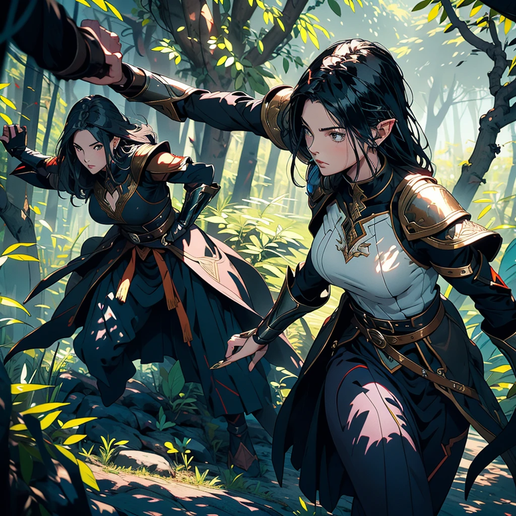 Anime style, long shot of Elven assassins training in the background.
Characters: Elven assassins with graceful, athletic builds.
Outfits: Sleek, dark armor that blends with the forest environment.
Action: They are practicing various combat techniques.