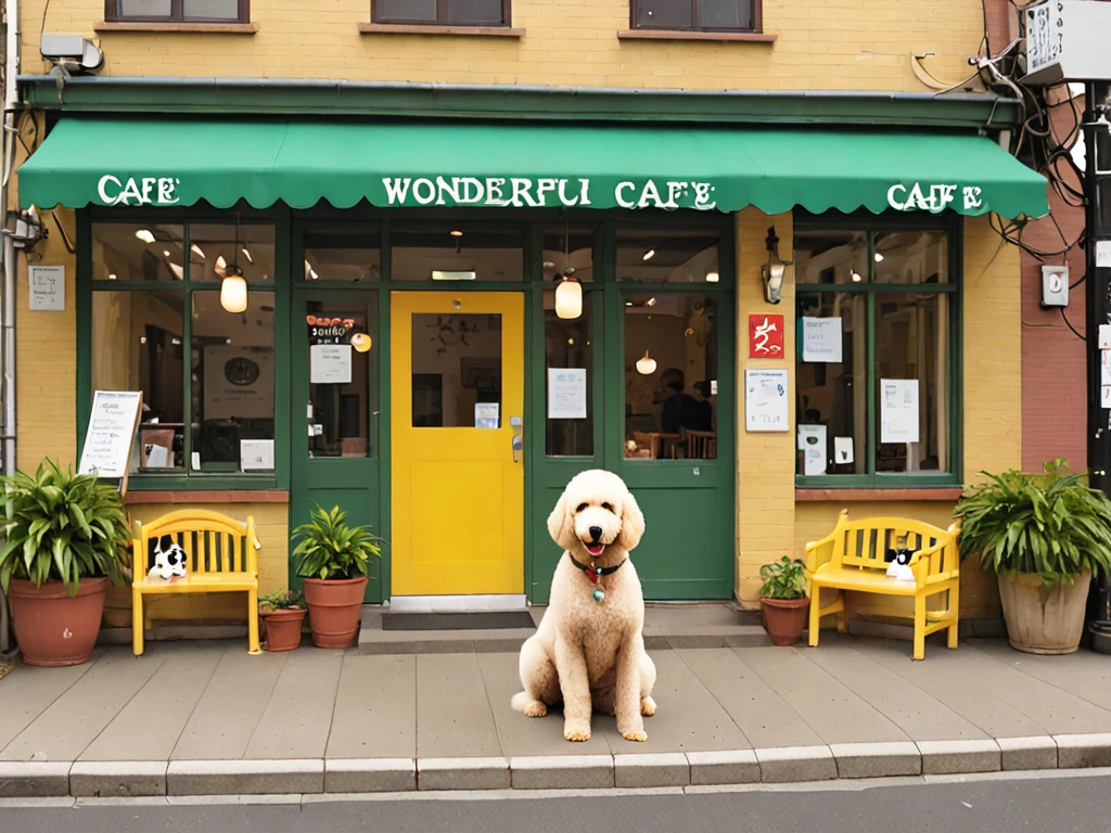 Therapy Dog Cafe「Wonderful Wonder」Generate the appearance of。

building:
- 温かみのある木造りのbuilding
- 茶色の木目調の外観
- 緑の木々がbuildingの周りに見える

看板:
- カラフルな看板がbuildingに掲げられている
- 看板には「Wonderful Wonder」The name of the cafe is written on the sign - the color of the sign is red.、green、Use bright colors such as yellow for the entrance:
- Therapy dog sitting、Welcoming guests - What breed of dog is this?、Standard poodle and Labrador retriever - dogs with friendly expressions、Other details wagging the tail:
- buildingの周りには、There is a dog water station and a bench in front of the cafe.、花壇や緑地がある
- 日差しがbuildingを暖かく照らしている

全体的な雰囲気:
- Interact with therapy dogs、温かみのあるカフェという印象を与える
- 木造りのbuildingとカラフルな看板、And the therapy dogs that greet you at the entrance、Producing a space of healing and relaxation