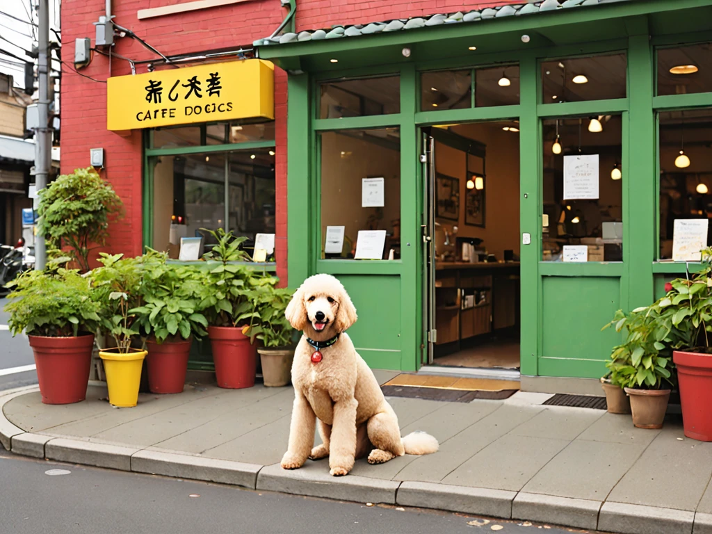 Therapy Dog Cafe「Wonderful Wonder」Generate the appearance of。

building:
- 温かみのある木造りのbuilding
- 茶色の木目調の外観
- 緑の木々がbuildingの周りに見える

看板:
- カラフルな看板がbuildingに掲げられている
- 看板には「Wonderful Wonder」The name of the cafe is written on the sign - the color of the sign is red.、green、Use bright colors such as yellow for the entrance:
- Therapy dog sitting、Welcoming guests - What breed of dog is this?、Standard poodle and Labrador retriever - dogs with friendly expressions、Other details wagging the tail:
- buildingの周りには、There is a dog water station and a bench in front of the cafe.、花壇や緑地がある
- 日差しがbuildingを暖かく照らしている

全体的な雰囲気:
- Interact with therapy dogs、温かみのあるカフェという印象を与える
- 木造りのbuildingとカラフルな看板、And the therapy dogs that greet you at the entrance、Producing a space of healing and relaxation