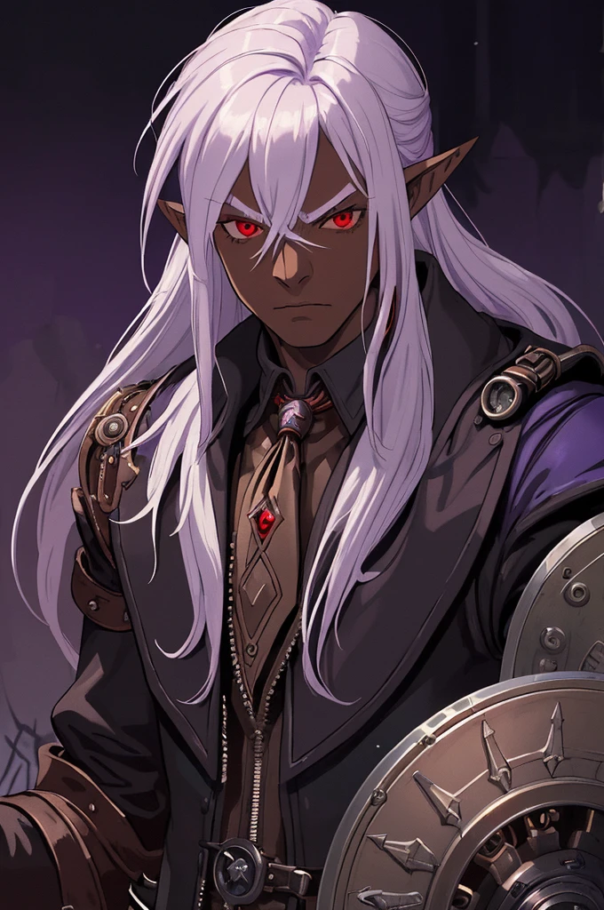 ((best quality)), ((masterpiece)), (detailed), ((boy)), ((mix between dungeonpunk and steampunk)), (serious), dark skinned, human, upper body, portrait, red eyes, long white hair, Xemnas from Kingdom Hearts, half-drow, pointy ears, serious face, dramatic lighting, purple hue, art by Kinema Citrus and Tetsuya Nomura