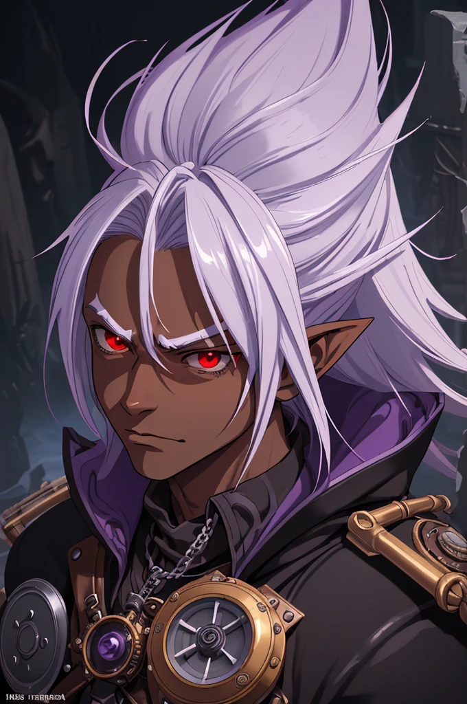 ((best quality)), ((masterpiece)), (detailed), ((boy)), ((mix between dungeonpunk and steampunk)), (serious), dark skinned, human, upper body, portrait, red eyes, long white hair, Xemnas from Kingdom Hearts, half-drow, pointy ears, serious face, dramatic lighting, purple hue, art by Kinema Citrus and Tetsuya Nomura