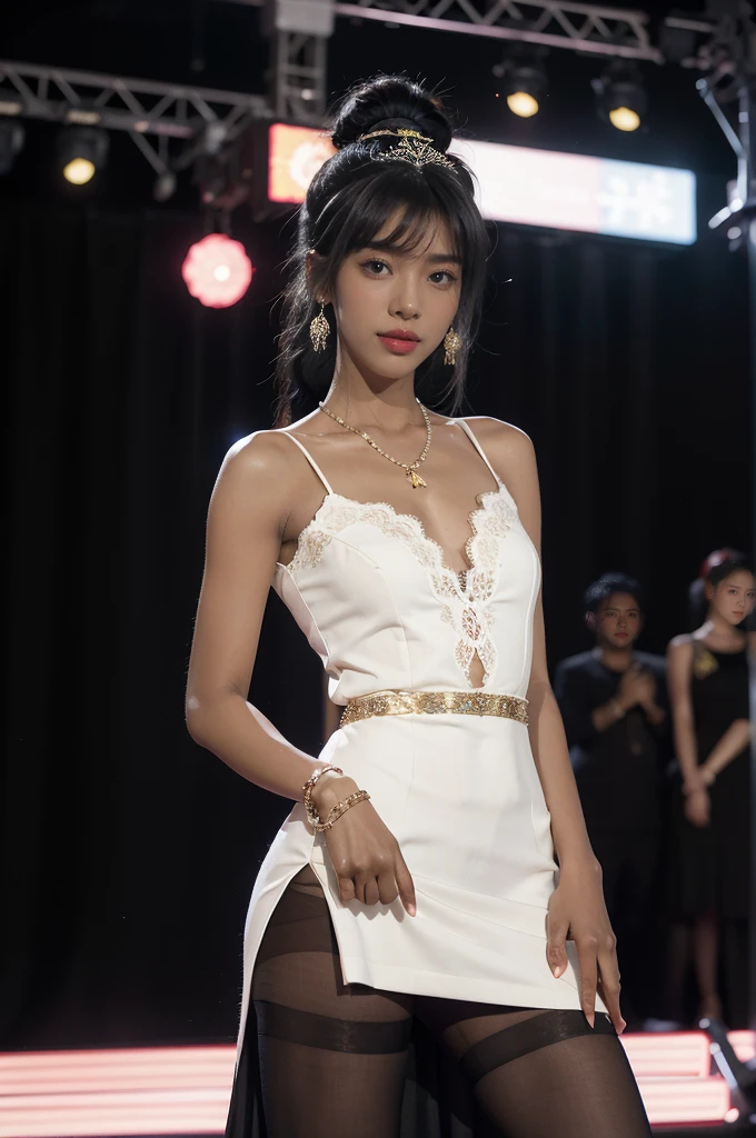 1 Nigerian girl,bangs,bare arms,collar,lace,see through,maxi white cheongsam,detailed background,detailed eyes,(dark black skin:1.5),earrings,upper body,jewelry,slim,flat chest,ponytail,headdress,looking at viewer,makeup,night scene,red lips,signature,laughing,solo,standing,slender legs,pantyhose,high heels,On the T-stage,catwalk,fashion show,Surrounded by crowded crowds on both sides of the stage,neon lights,from front