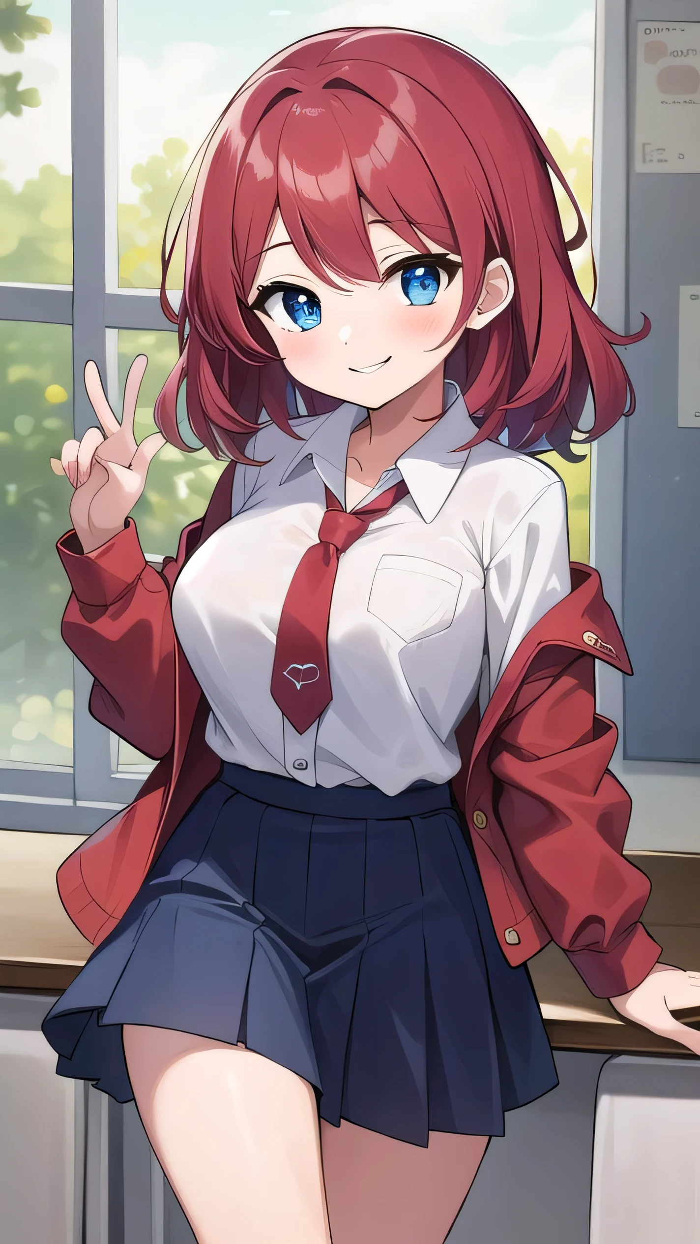 Big breasts, red hair, blue eyes, droopy eyes, red jacket, long sleeves, navy skirt, elementary school student, super big breasts, (medium hair: 1.2), baggy clothes, elementary school student, young face, short height, , old, shy A shy guy, smiling a little, trying to open the buttons of his shirt, white shirt, red tie,straight hair