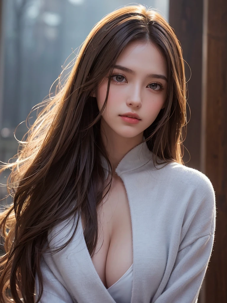best qualtiy,tmasterpiece,A high resolution,Reality,RAW photogr,1girl,brunette color hair,Tall and tall,The background color is dark,There is a strong sense of contrast,The skin is tender and textured,cold light,With a shallow smile,With deep eyes