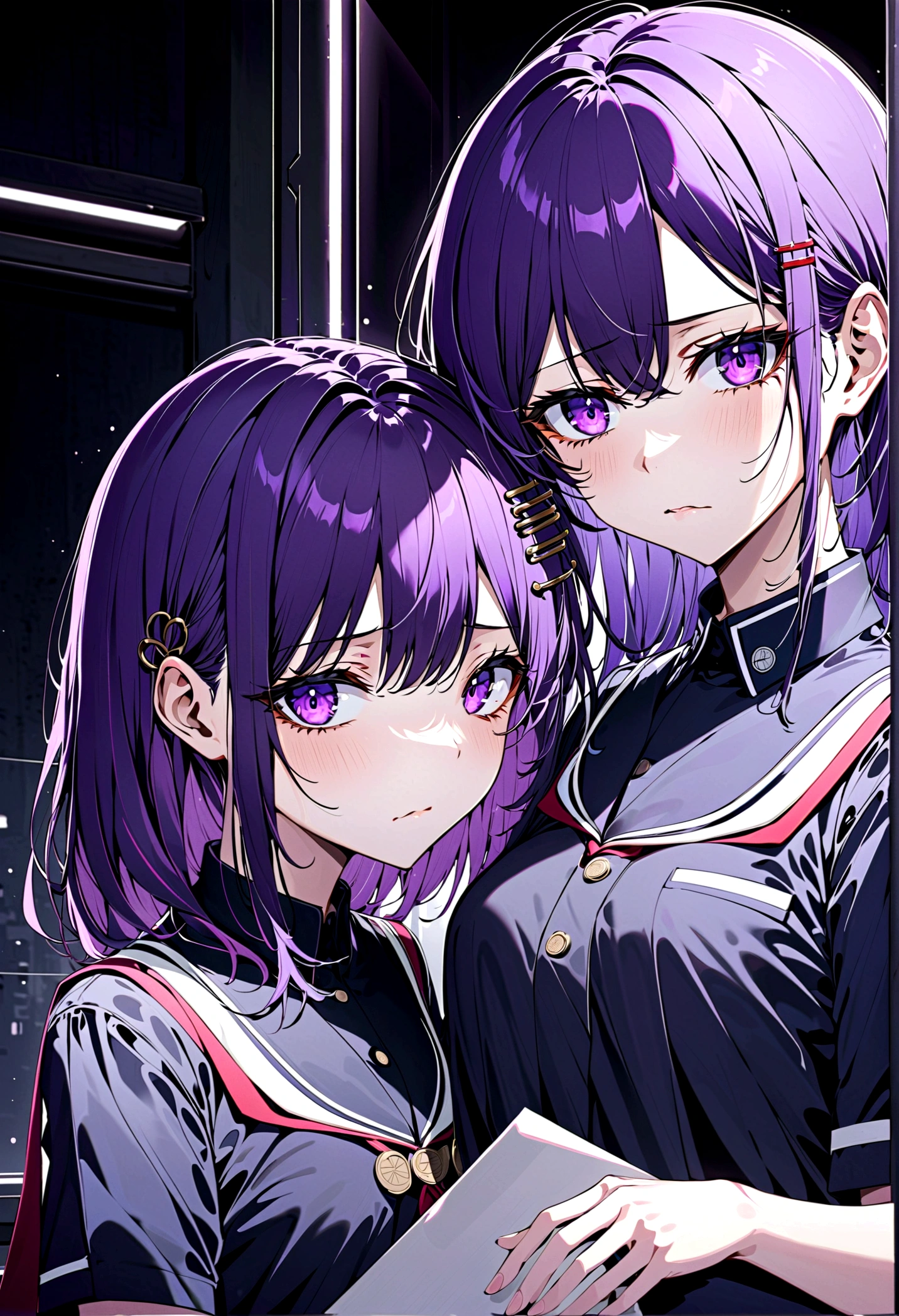 2D, masterpiece, best quality, Japanese cartoons, Very detailed, 1 Girl, Solitary, Yuri, Purple Eyes, Purple Hair, Hair between the eyes, Hairpin, Uniforms, Sick face