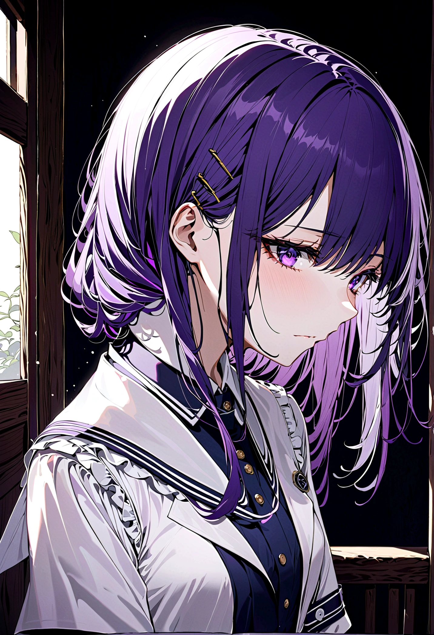2D, masterpiece, best quality, Japanese cartoons, Very detailed, 1 Girl, Solitary, Yuri, Purple Eyes, Purple Hair, Hair between the eyes, Hairpin, Uniforms, Sick face