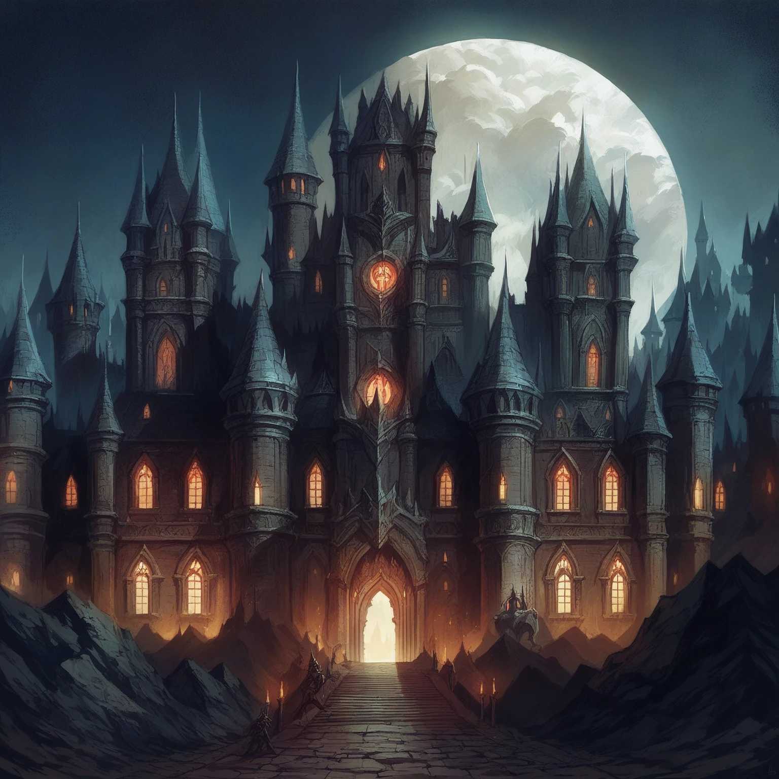Imposing castle, property of the demon queen, ruler of the demonic continent. It stands on top of a cliff protecting a desolate town full of demons that inhabit it..