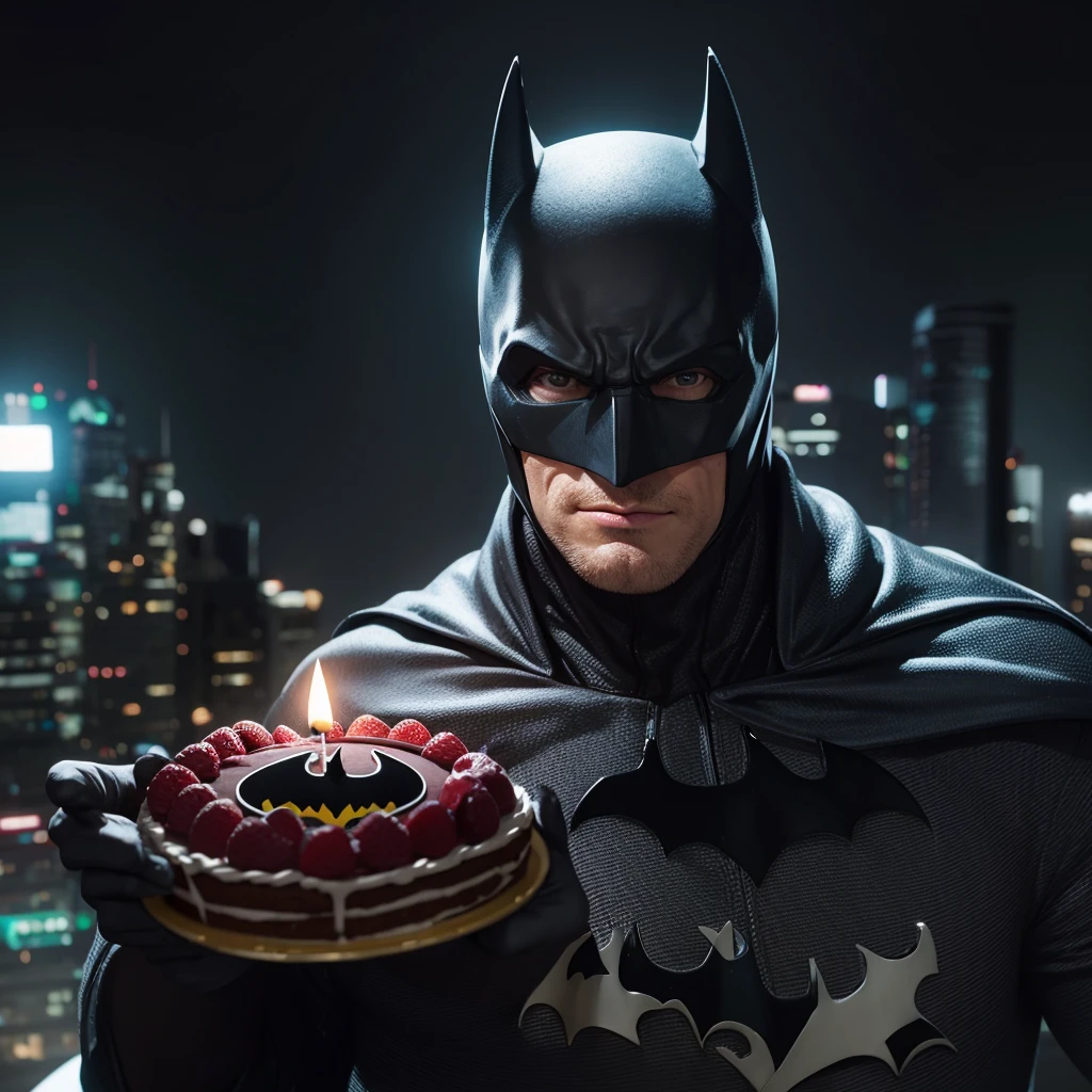 batman, holdong a birthday cake, 4k