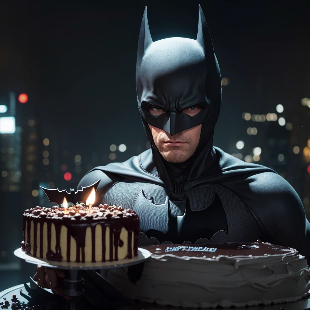 batman, holdong a birthday cake, 4k