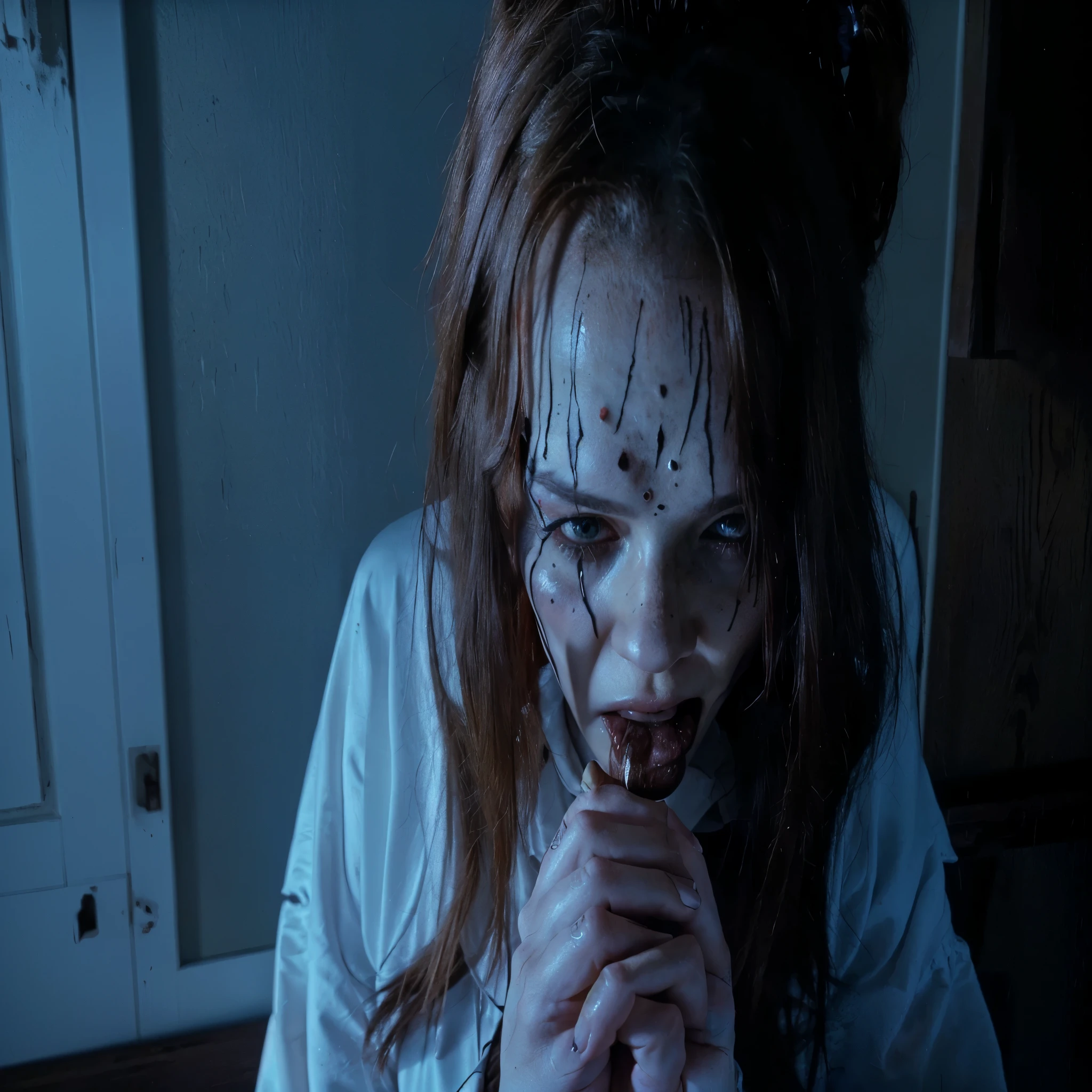 there is a woman with makeup on her face eating something, exorcist, from horror movies, film still from horror movie, film still from a horror movie, 8 0's horror movie film still, horror movie scene, the conjuring style, still from horror movie, 1 9 8 2 horror film, the conjuring, the evil dead, horror film, evil dead face