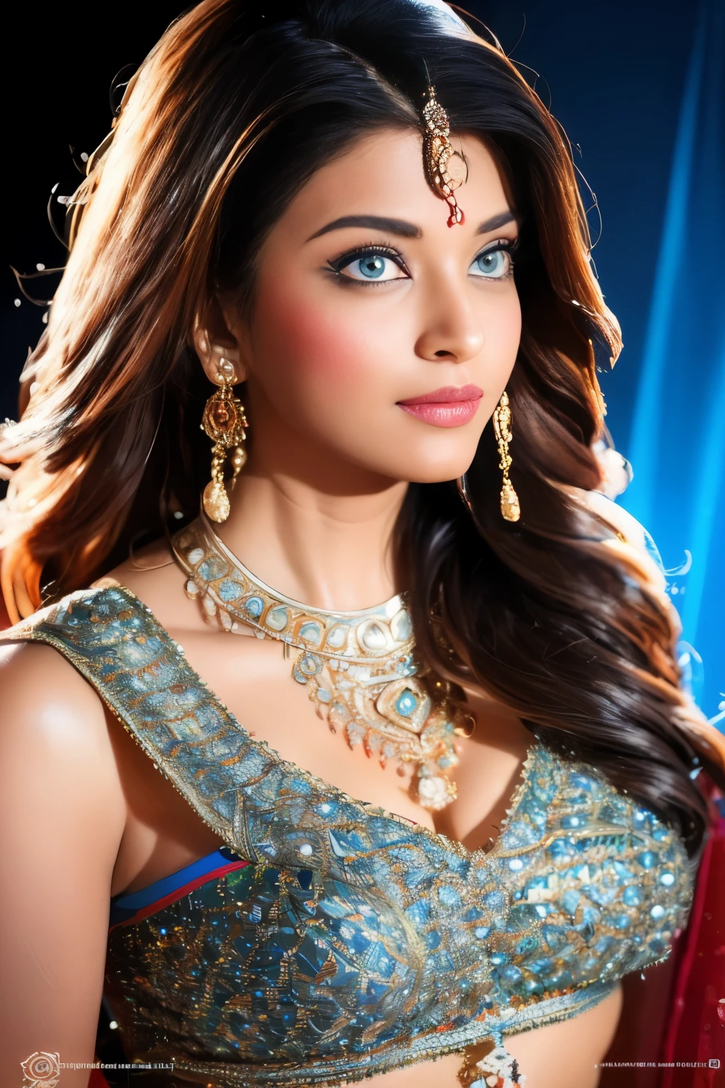 A confident-looking indian with long flowing hair, looking at viewer,hazel eyes, cyber background blue and red light, perfect composition, hyperrealistic, super detailed, 8k, high quality, trending art, trending on artstation, sharp focus, studio photo, intricate details, highly detailed,