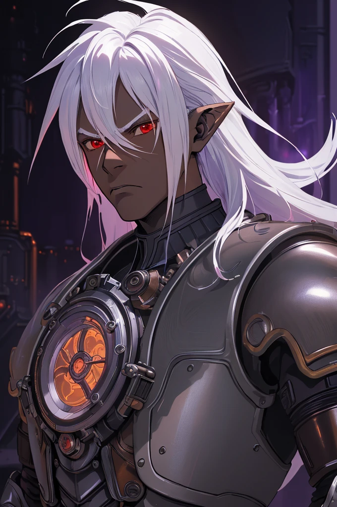 ((best quality)), ((masterpiece)), (detailed), ((boy)), ((mechanical armor)), (steampunk), (serious), dark skinned, human, upper body, portrait, red eyes, long white hair, Xemnas from Kingdom Hearts, half-drow, pointy ears, serious face, dramatic lighting, purple hue, art by Kinema Citrus and Tetsuya Nomura