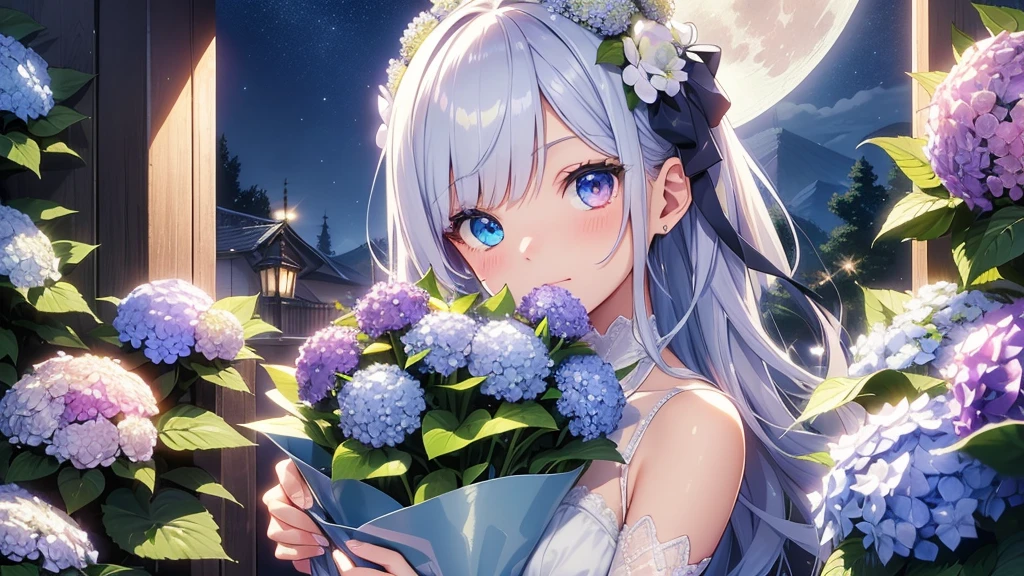Best quality、Photorealistic、Ultra-detailed、delicate、Orderly、High Detail、Bluish Silver Short Bob、(Drooping heterochromia iris,glowing eyes、Sparkling Eyes:1.3)、slender、(One girl:1.2)、(moon、night、Night Sky、Dark Night、Glowing Hydrangea、Mysterious Light、A girl holding a bouquet of hydrangeas:1.3)、Ambient Occlusion、Ambient Light、Ray-traced Reflections、Glow、Shiny Hair、
