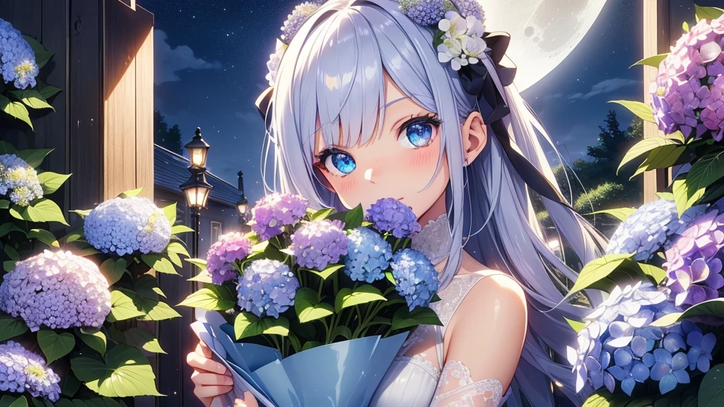 Best quality、Photorealistic、Ultra-detailed、delicate、Orderly、High Detail、Bluish Silver Short Bob、(Drooping heterochromia iris,glowing eyes、Sparkling Eyes:1.3)、slender、(One girl:1.2)、(moon、night、Night Sky、Dark Night、Glowing Hydrangea、Mysterious Light、A girl holding a bouquet of hydrangeas:1.3)、Ambient Occlusion、Ambient Light、Ray-traced Reflections、Glow、Shiny Hair、