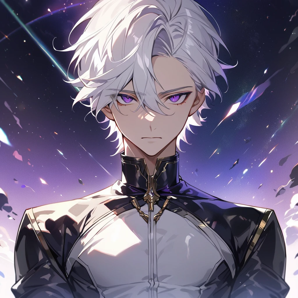 High quality, HD, 4k, no shadows, handsome male, 1male, 17 years old, teenager, golden lining, short white hair, sharp eyes, dark purple eyes, deep purple eyes, devil may cry, close up, calm expression, stoic expression, black leather clothes, white leather clothing, lean body, well trained body, upper body, looking at viewer, cowboy shot, white solar, space background