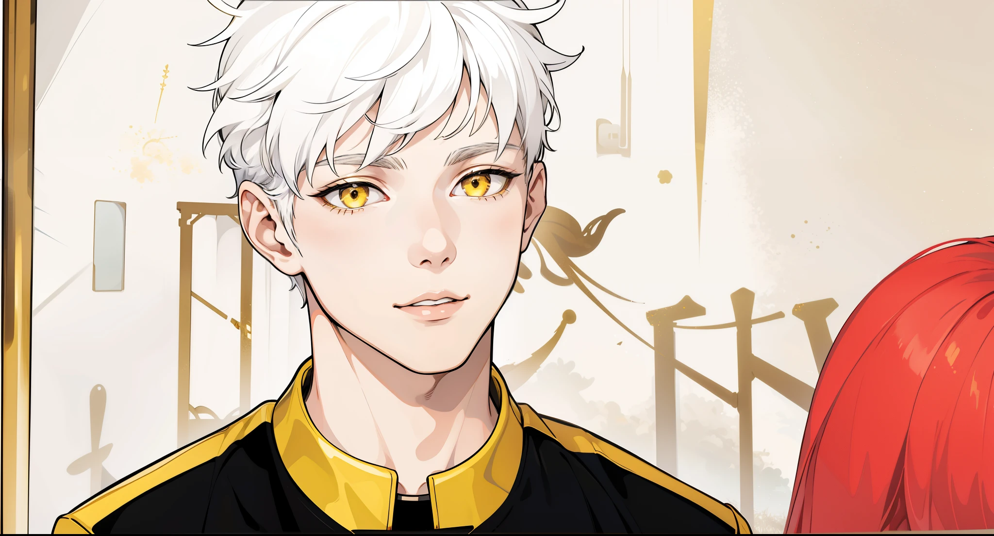 Beautiful 17 year old man, white hair, yellow eyes, black clothes, he is talking to a girl, he has a metallic gold shirt collar, metallic gold shoulders.