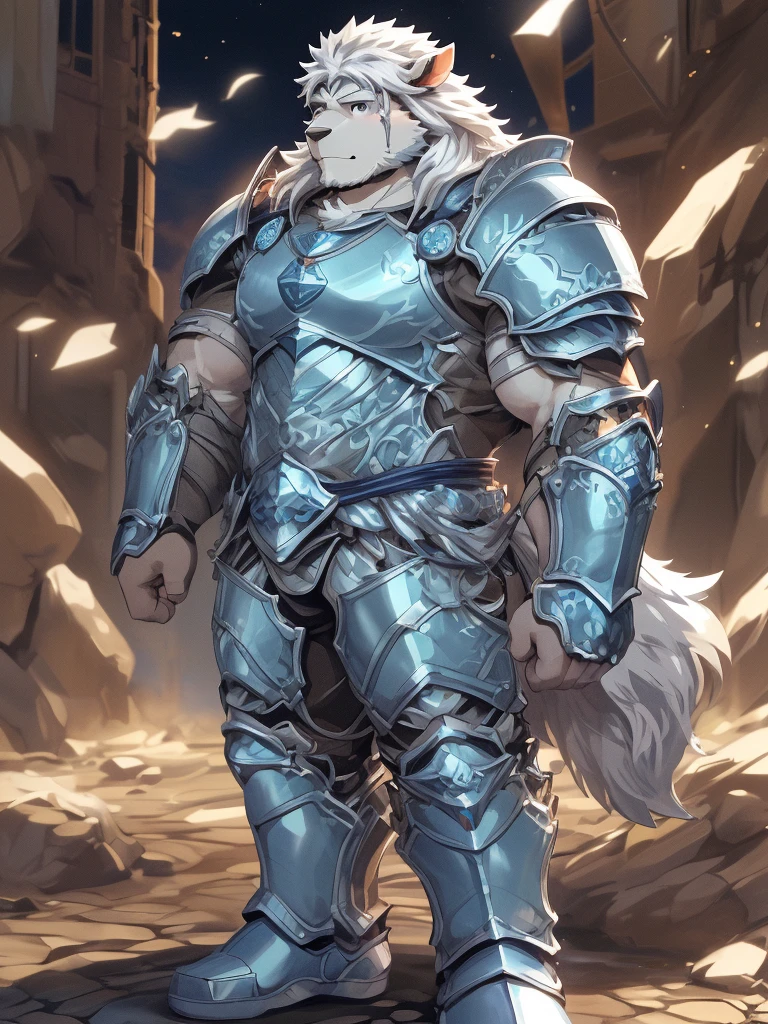 a furry sheep, white fur, long hair, slim fit, fit build, paladin, ((white sheep), ((blue paladin armor)), furry art, full body, mature, tall, daddy, muscular, long silky hair, detailed full body, young, ikemen, handsome, commission for high res, tall,