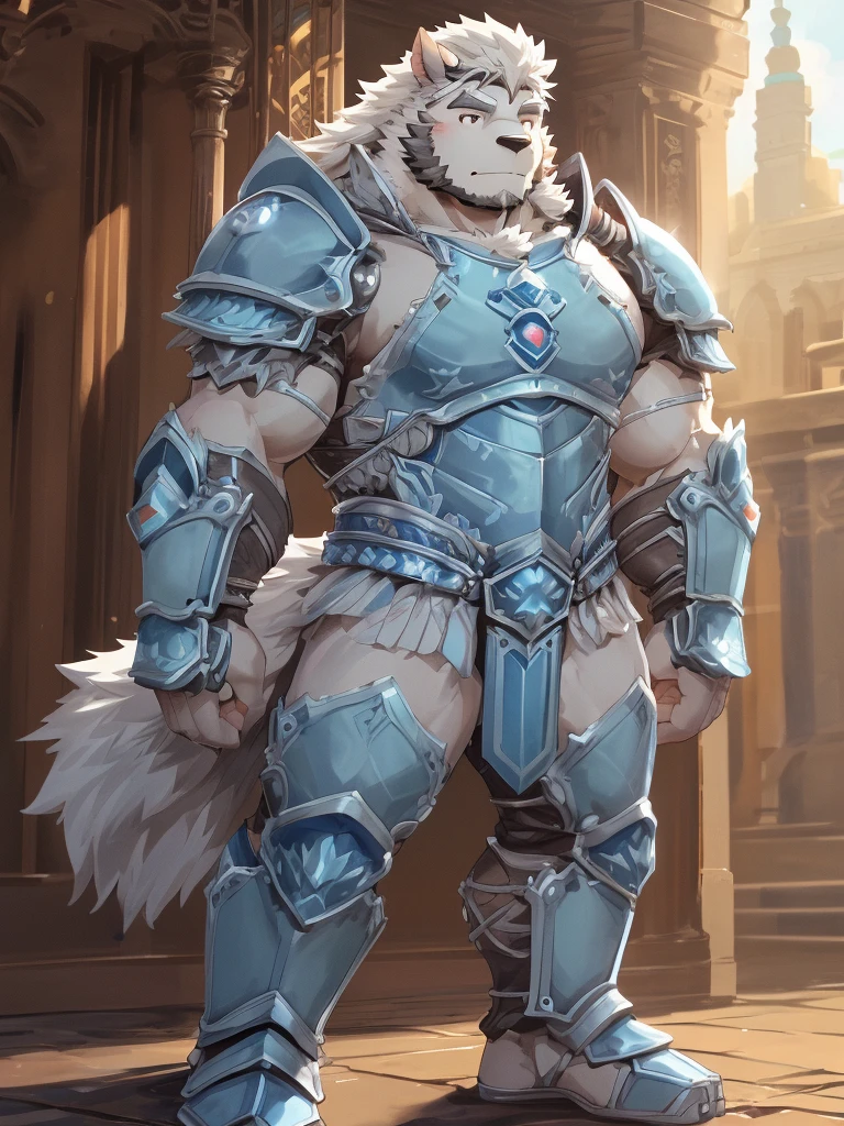 a furry sheep, white fur, long hair, slim fit, fit build, paladin, ((white sheep), ((blue paladin armor)), furry art, full body, mature, tall, daddy, muscular, long silky hair, detailed full body, young, ikemen, handsome, commission for high res, tall,