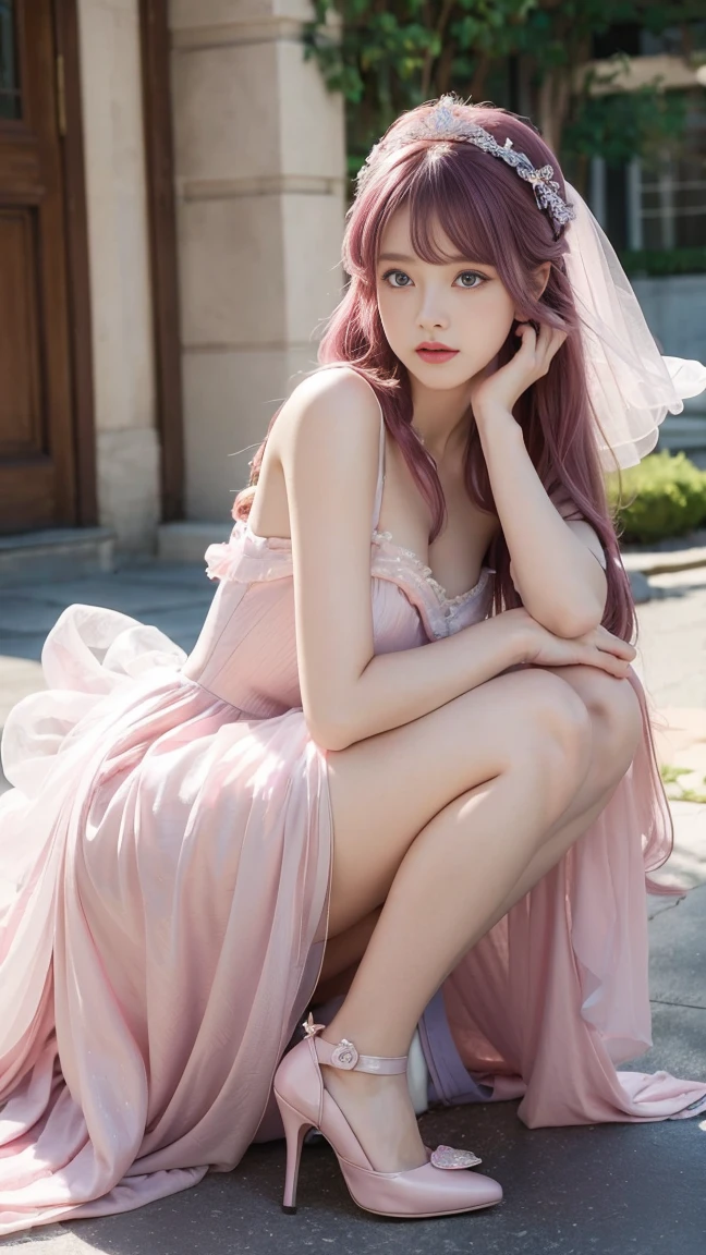 masterpiece, best quality, 1 Girl, Sexy，Good looking，gentle，Victorian style，blue eyes, Pink Hair，Long hair，Middle-parted bangs， Gorgeous headdress，Gorgeous evening dress，Tutu，High heel。