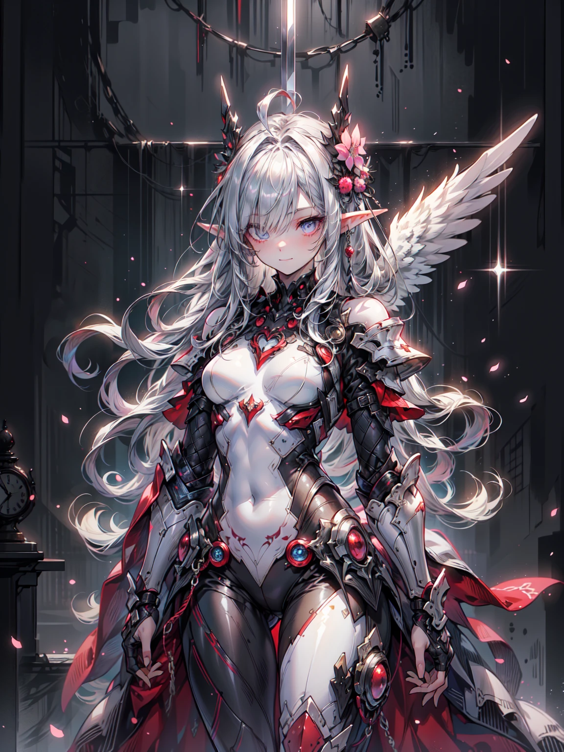 ((4K,masterpiece,Highest quality)), Maxi Kit, 1 Girl dressed modestly, alone, whole body, Wide Shot, Standing in white boots, Holding the Sword, Gray Hair, Long Hair, Elf Ears, Valkyrie, armor, Angel, Chest protector, Side bangs, from before, Oversized body, night, Mountain, Looking at the audience, Dynamic pose, Art Style：art jam, by Kawashi, By Vadim Kashin、Blake、非常にdetailed (Dark Elf), (1 Girl), alone, Perfect Face, detailed, Ahoge, ((Long Hair:1.2)), (Hair above one eye:1.3), [[Messy Hair]], Shiny blonde white hair, Purple eyes, Variegated eyes, Colorful Hair, Shining Eyes, Bright Eyes, Face imprint, (eyelash, eye shadow, pink eye shadow), smile, Design Art：Haruhiko Mikimoto, by Kawashi, By Yoshitaka Amano, Blake、((Perfect Anatomy)), Nice body, Medium Chest, (非常にdetailed指), Best Hand, Perfect Face, Beautiful Face, Beautiful Eyes, Perfect Eyes, (Perfect Fingers), Correct Anatomy